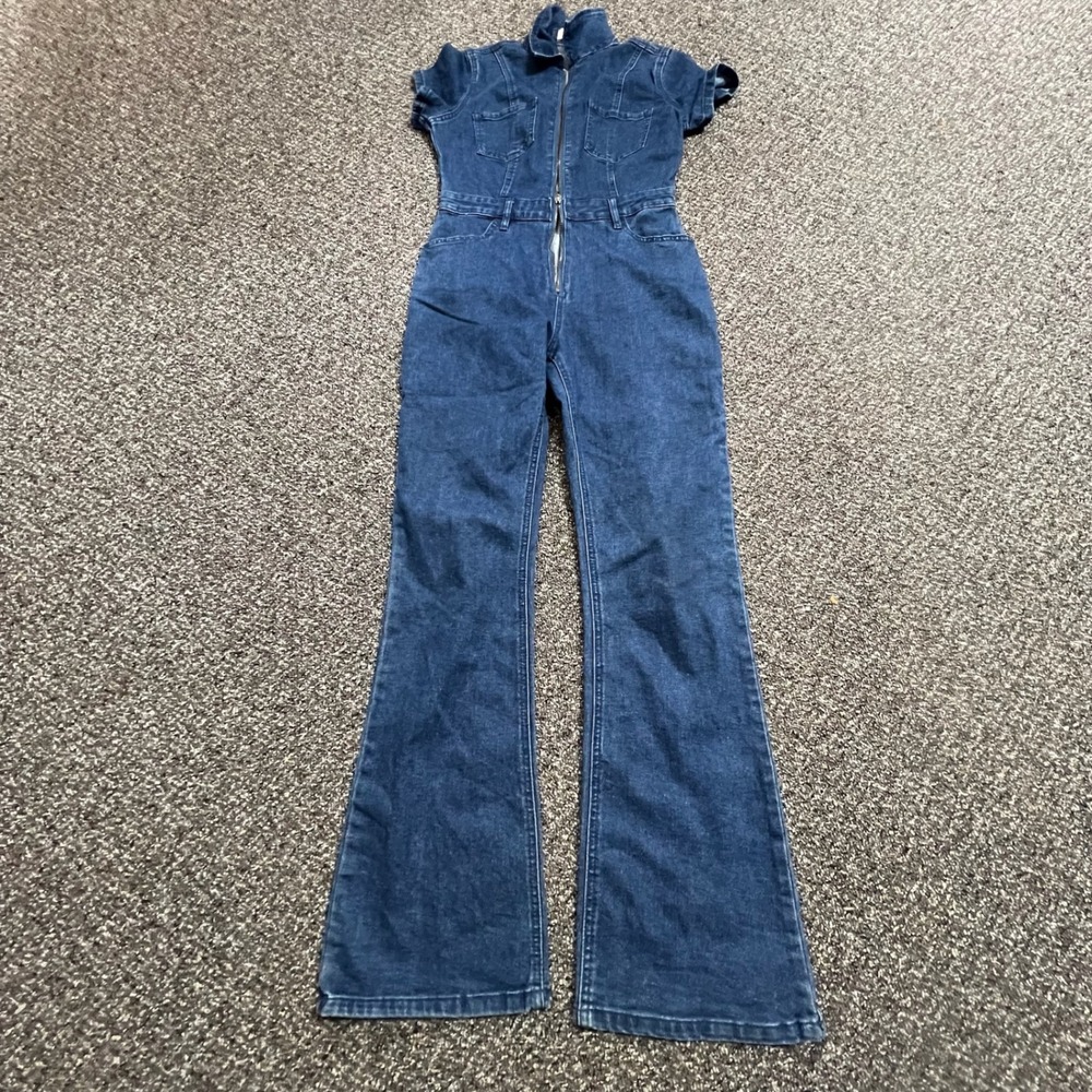 Project Rebel Jumpsuit Womens S Blue Denim Flare Leg Full Zip Short Sleeve Retro